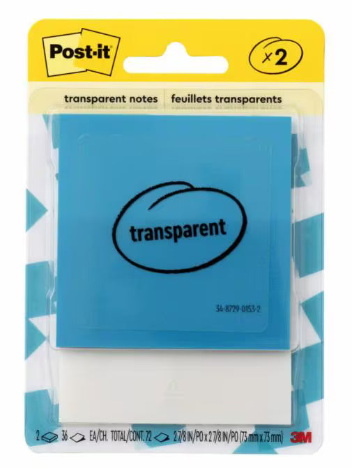 Post-it® Transparent Notes 600-2TRCOL, 2-7/8 in x 2-7/8 in (73 mm x 73 mm)